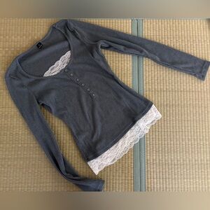 Gray Long Sleeve Top with Lace Trim